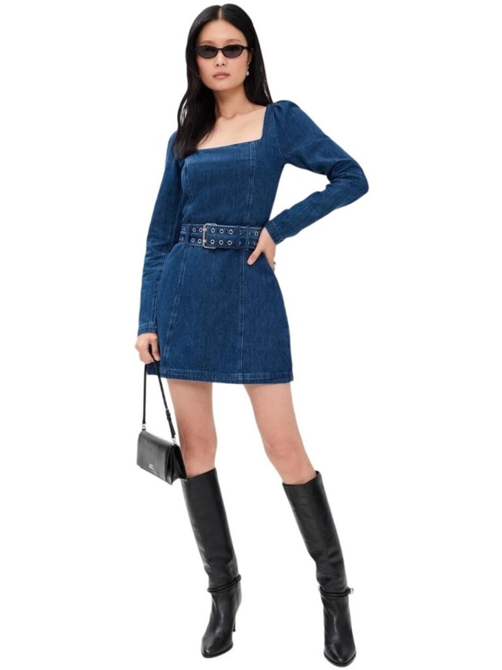 Amanda Uprichard Thalia Denim Dress With Eyelet Belt In Blue Small New With Tags